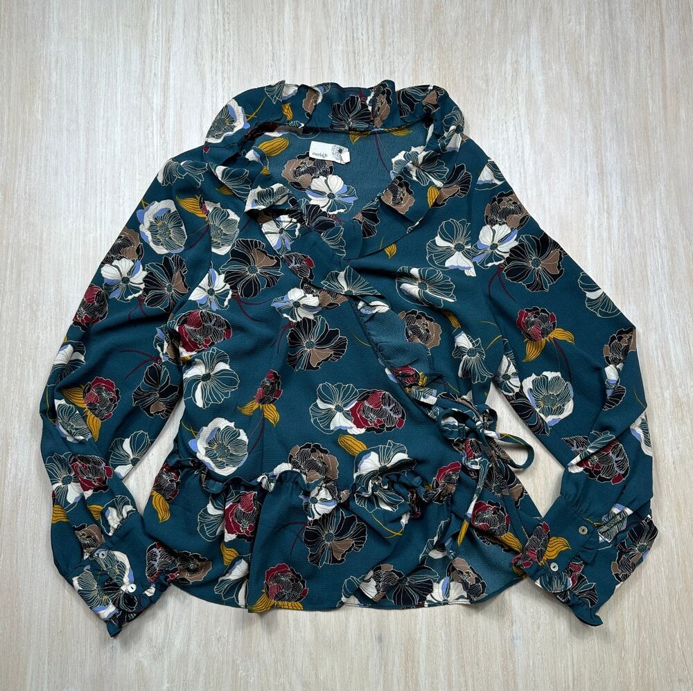 Everleigh Teal Floral Ruffle Wrap Tie Romantic Boho Long Sleeve Peplum Blouse M